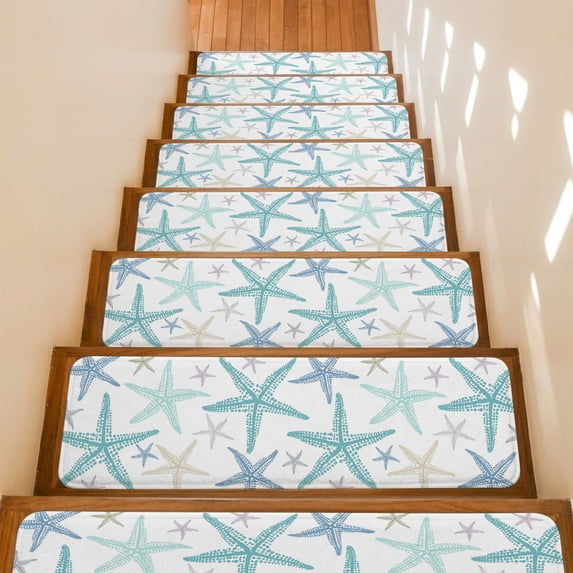 Coastal Sage Green Starfish Stair Treads Non Slip for Steps Nautical Minimalist Ocean Summer 4 Pcs Reusable Adhesive Stair Runner Mats for Dogs Elders Carpet Treads Rugs for Staircase 8x30 In
