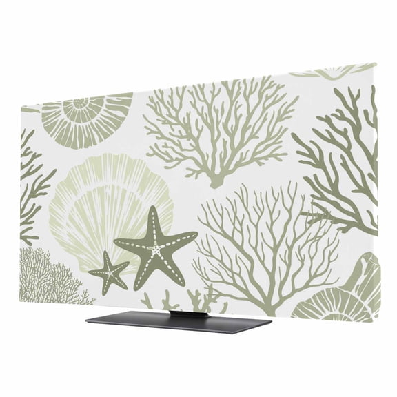 Coastal Sage Green TV Cover for 24 Inch Screen,Stretch Fabric Dustproof TV Display Protector,Ocean Coral Starfish Shell Modern Elastic Slipcover Monitor Cover for Indoor Desktop Computer 20.9"x11.8"