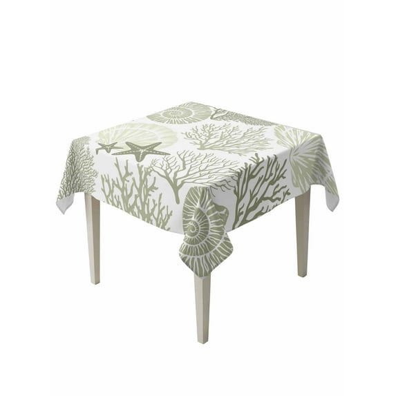 Coastal Sage Green Table Cloth, Ocean Coral Starfish Shell Modern Waterproof Tablecloth for Square Tables, Reusable Washable Fabric Table Cover for Restaurant Kitchen Dining Tables 54"x54"