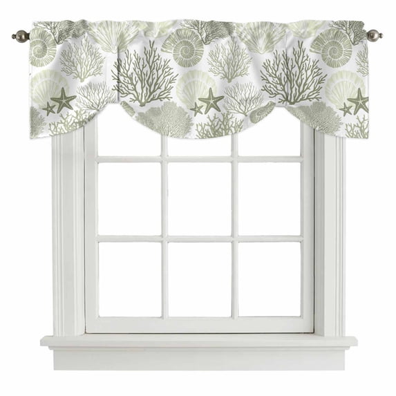 Coastal Sage Green Tie Up Valance Curtains for Windows, Kitchen Curtains Window Shades, Ocean Coral Starfish Shell Modern Light Filtering Roman Curtain Valances for Bedroom/Bathroom/Cafe 54"x18"