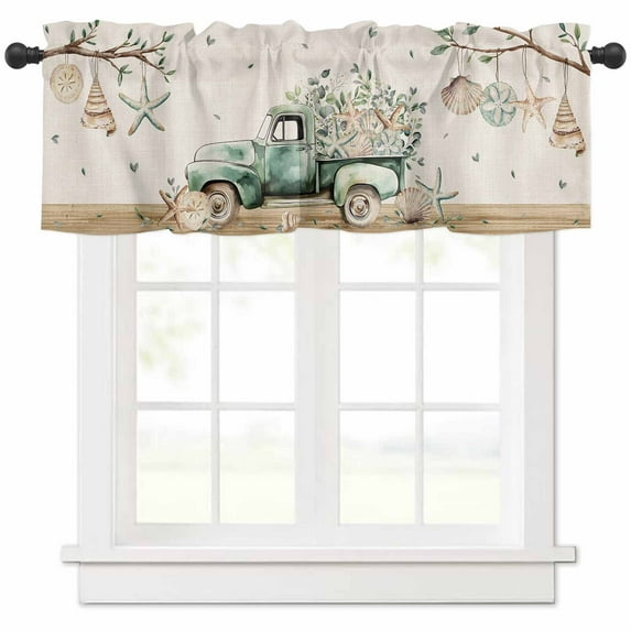 Coastal Sage Green Valances for Windows Farmhouse Kitchen Curtains Valances Rod Pocket Valance Curtains for Kitchen Windows Eucalyptus Truck Shell Starfish Ocean Window Valances for Bathroom 54"x18"