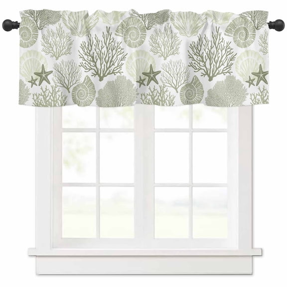 Coastal Sage Green Valances for Windows Farmhouse Kitchen Curtains Valances Rod Pocket Valance Curtains for Kitchen Windows Ocean Coral Starfish Shell Modern Window Valances for Bathroom 42"x12"