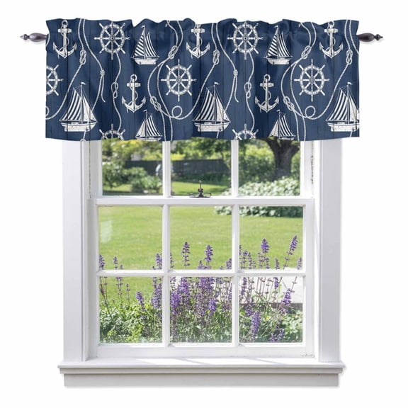 Coastal Sailboat Compass Anchor Valances for Windows,Kitchen Valance Rod Pocket Short Curtain, Nautical Theme Navy Blue Wood Valance Curtain Window Valances for Bedroom Bathroom Living Room 42x12in