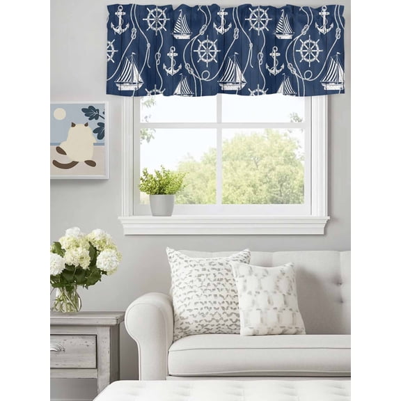 Coastal Sailboat Compass Anchor Valances for Windows,Kitchen Valance Rod Pocket Short Curtain, Nautical Theme Navy Blue Wood Valance Curtain Window Valances for Bedroom Bathroom Living Room 60x18in