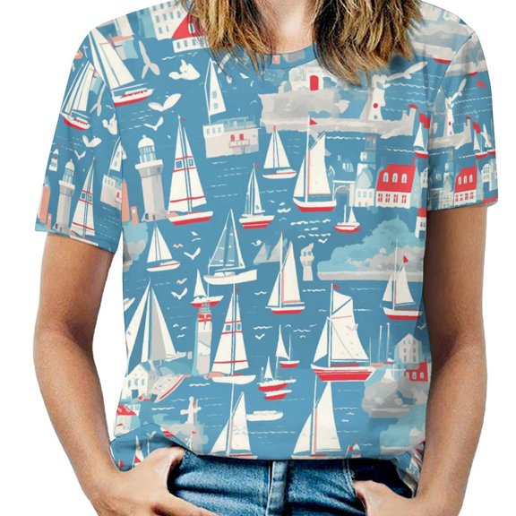 Coastal Sailboats Pattern Women's Short Sleeve Tops Casual Blouses T Shirt