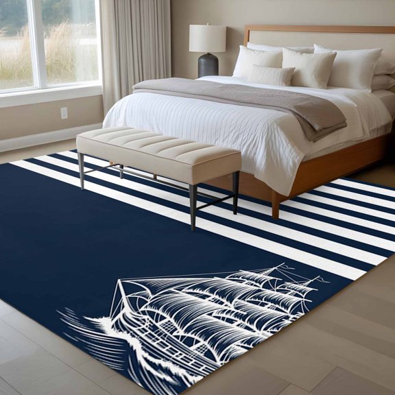 Coastal Sails 6x9 Rug for Dining Room Table and Chair Setup, Seafaring Navy Blue Nautical Boats White Stripes Low Pile Washable Non Slip Rectangle Area Rug