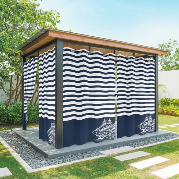 Coastal Sails Outdoor Curtains for Patio, Seafaring Navy Blue Nautical Boats White Stripes Waterproof Outside Curtains Privacy Blackout Curtain for Porch Pergola Cabana, 1 Panel 54W x 108L Inch