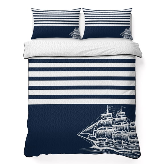 Coastal Sails Queen Quilt Bedding Set, Seafaring Navy Blue Nautical Boats White Stripes Lightweight Comforter with 2 Pillow Shams Bedroom Bedspread Set Home Decor for All Seasons