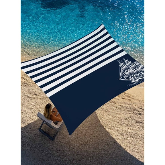 Coastal Sails Sun Shade Sail 8' x 10', Seafaring Navy Blue Nautical Boats White Stripes Rectangle Outdoor Sunshade Canopy, Waterproof UV Block Patio Covers for Garden Yard Beach