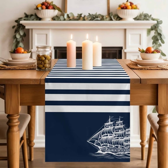 Coastal Sails Table Runner, Seafaring Navy Blue Nautical Boats White Stripes Cotton Linen Kitchen Table Decoration Washable Dining Tabletop Runners for Home Party Decor 13x108 Inches