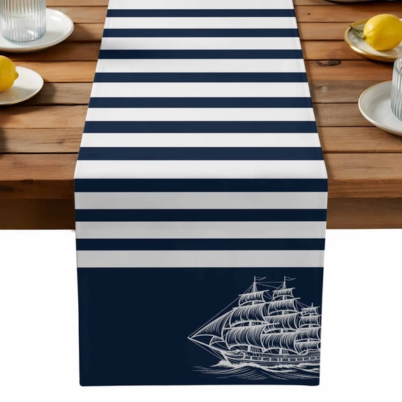 Coastal Sails Table Runner, Seafaring Navy Blue Nautical Boats White Stripes Washable Kitchen Table Runners Dress Scarves for Dining Table Decorations Party, 13x36in