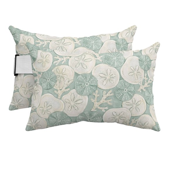 Coastal Sand Dollar Outdoor Pillows for Chaise Lounge Chair Beach Headrest Pillow Set of 2 Waterproof Lumbar Pillows with Insert Summer Ocean Coral Marine Life Green Pillow for Patio Pool 11"x16"
