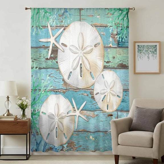 Coastal Sand Dollar Sheer Curtains 45 Inches Long for Bedroom, Summer Beach Coral Teal Blue Wood Light Filtering Privacy Drapes, Breathable Semi Sheer Short Window Treatment for Kitchen Cafe Bathroom