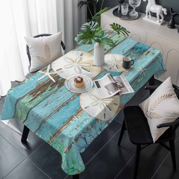 Coastal Sand Dollar Table Cloth Waterproof Tablecloths, Summer Beach Coral Teal Blue Wood Tablecloth Dining Table Cover for Kitchen Party Tabletop Outdoor, Rectangle Tablecloth 60x120 Inch