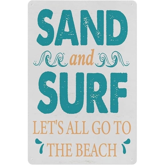 Coastal Sand and Surf Metal Tin Sign, Beach Wall Decor Plaque for Home, Kitchen or Beach House, 8 x 12 Inch