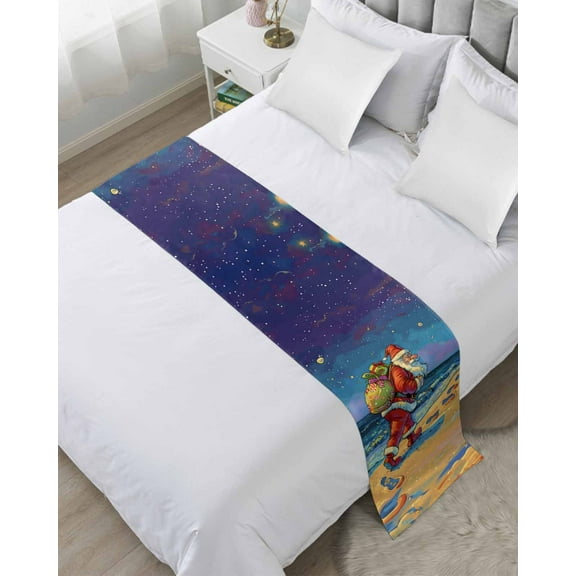 Coastal Santa Christmas Bed Runner for Twin Size Bed, Blue Xmas Beach Seaside Bedspread Protector Slipcover Bed Scarf for Foot Bed Runners & Scarves for Bedroom Hotel Wedding Room 71x20 Inches