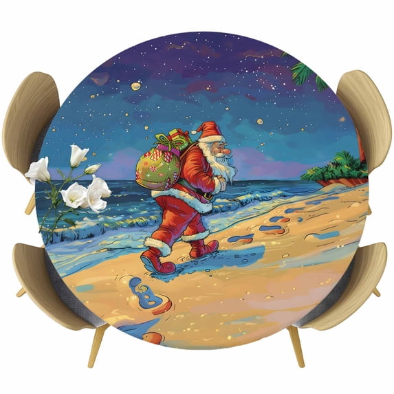Coastal Santa Christmas Fitted Tablecloth with Elastic Edged, Round Table Cloth for Dining Table, Blue Xmas Beach Seaside Waterproof Oil Proof Table Cover for Indoor Outdoor 45"-54"