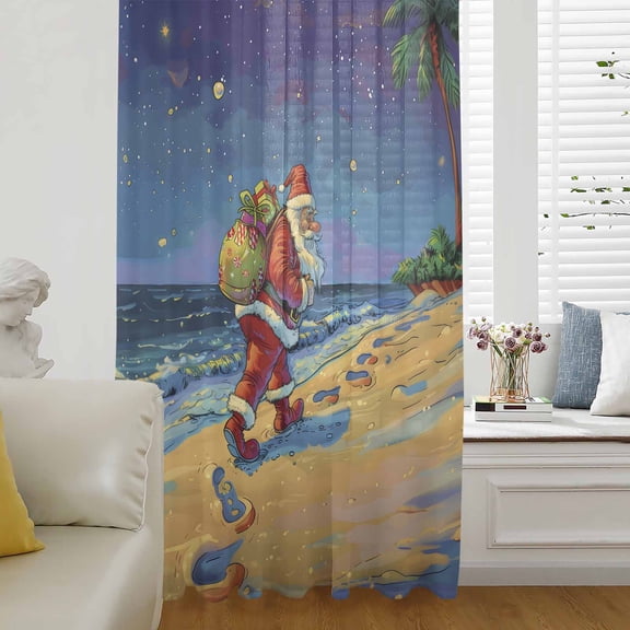 Coastal Santa Christmas Semi Sheer Curtains Drapes for Living Room, Bedroom, French Doors Window 54 Inches Long, Blue Xmas Beach Seaside Rod Pocket Chiffon Curtain Drapery Voile Draperies Panel