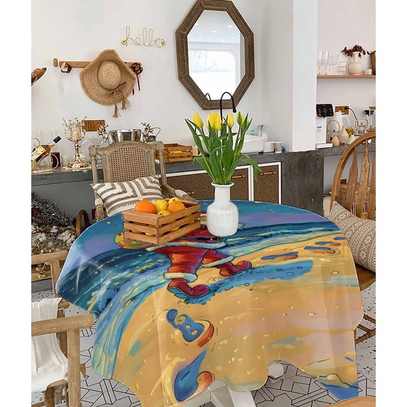 Coastal Santa Christmas Tablecloth Square Table Cloth 54x54, Waterproof Tablecloth Outdoor Table Cloth, Blue Xmas Beach Seaside Washable Table Cover for Kitchen Dining Party