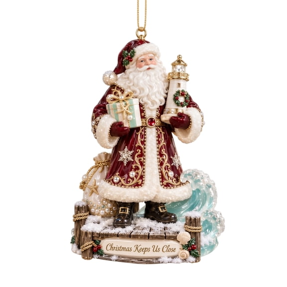 Coastal Santa Claus Christmas Tree Ornament with Lighthouse and Gift, 1 Piece, Burgundy and White Resin Figurine, for Coastal Home Decor, Hanging Decoration