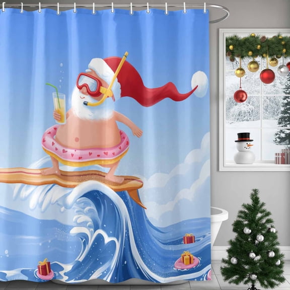 Coastal Santa Claus Shower Curtains for Bathroom, Abstract Summer Beach Santa Claus Is Surfing on Ocean Waterproof Fabric Shower Curtain for Bathroom Bathtub Decoration, Machine Washable, 60"x72"
