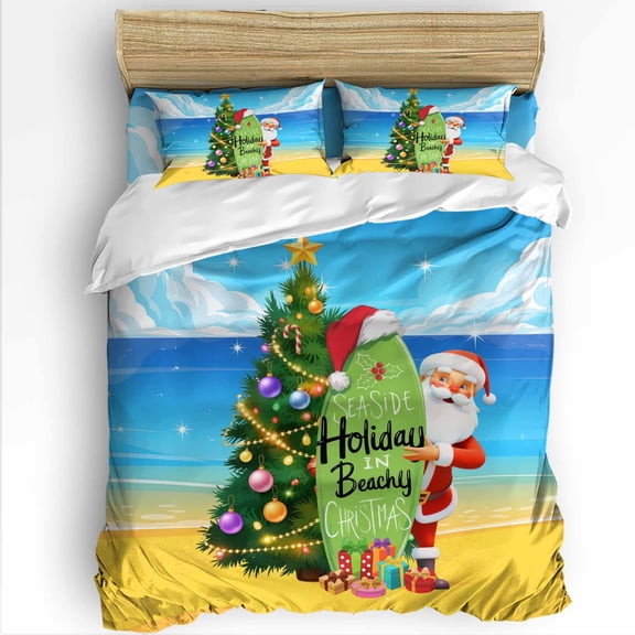 Coastal Santa Surfboard Twin Size Comforter Set, Christmas Tree Santa Claus on Beach Soft Bedding for All Seasons, 4 Pcs Bed Set with 1 Comforter (68"x86") ,1Sheet(66"x116"), 2 Pillowcases (19"x29")