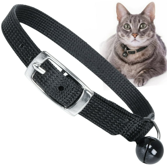 Jeffers Adjustable Nylon Cat Collar with Bell – Stretch Safety Section, 3/8" Wide, Fits Kittens & Cats, Compatible with GPS Tracker, Airtag, Name Tag – Indoor Outdoor Pet Collars - Solid Black