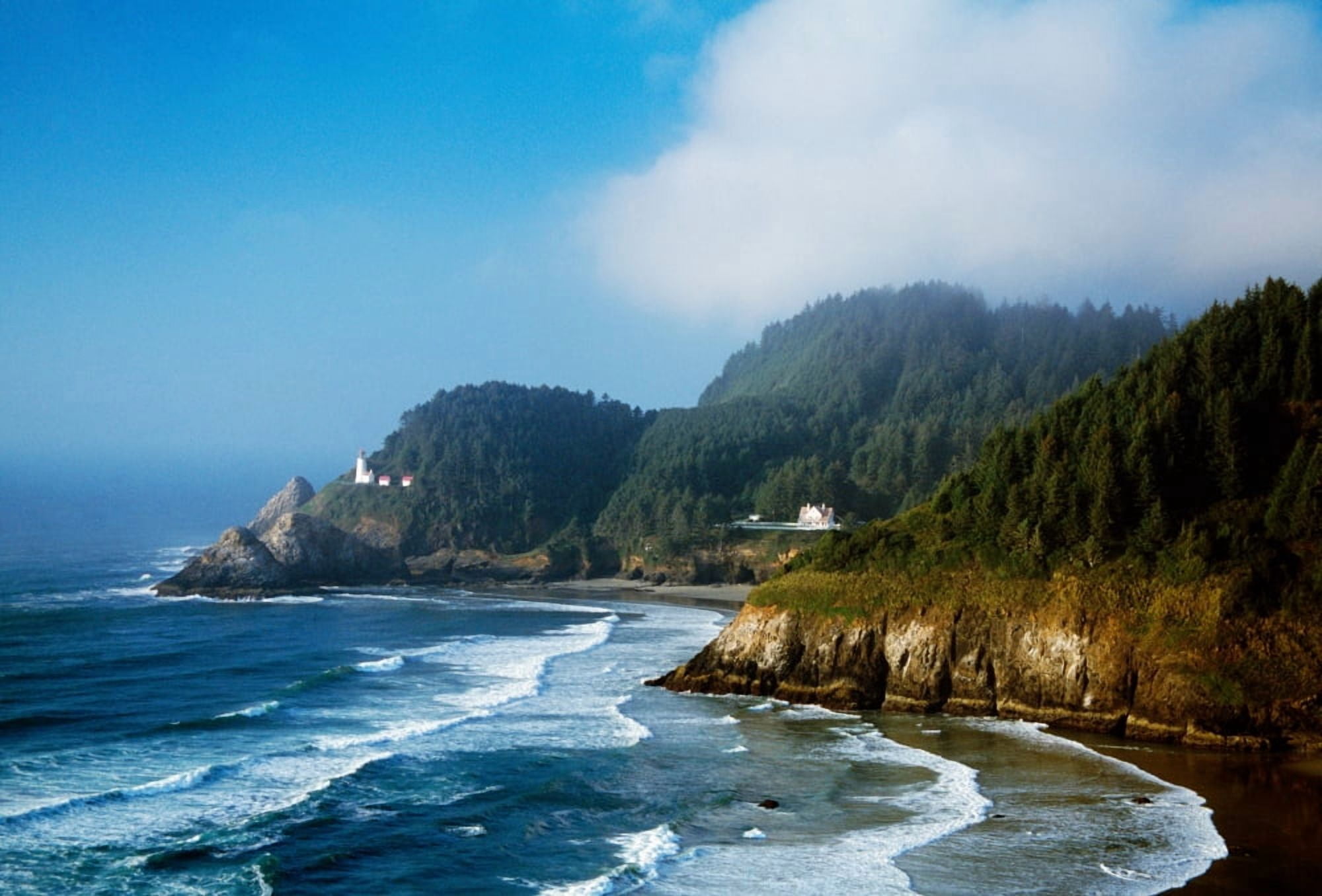 Coastal Scene In Mist With Heceta Head Lighthouse Canvas Art - Panoramic Images (24 x 18)
