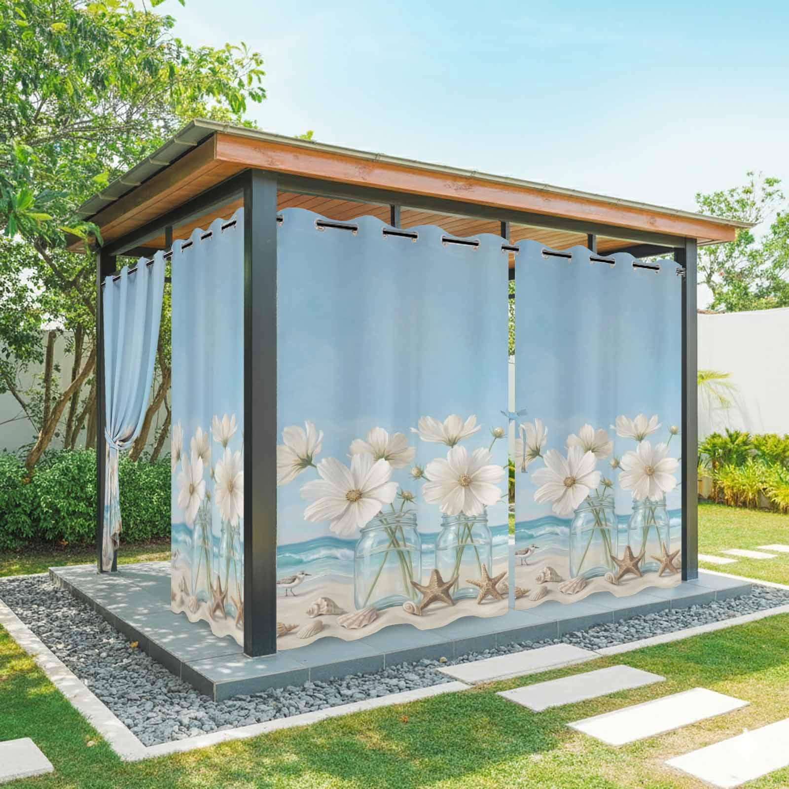 Coastal Scenery Outdoor Curtains for Patio, Summer Flowers Jars Starfish Beach Sunshade Privacy Drapes Grommet Waterproof Outside Curtains for Porch/Cabana/Balcony 54"x 108", 1 Panel