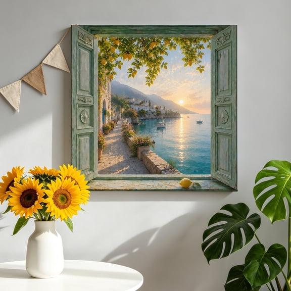 Coastal Scenic Canvas Wall Art, Open Window Coastline Sea Sunshine Tropical Framed Picture Canvas Wall Art Print Decor Artwork Decorations for Living Room Bedroom Ready to Hang 12" x 12"