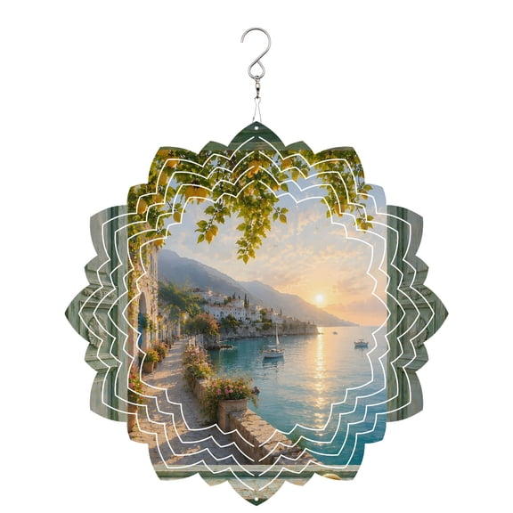 Coastal Scenic Wind Spinner for Garden Yard 8In, Open Window Coastline Sea Sunshine Tropical 3D Stainless Steel Kinetic Hanging Wind Spinners Rustproof Outdoor Decor for Lawn Patio Home