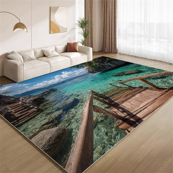 Coastal Sea Area Rugs, Tropical Seascape Pattern Carpet, Washable Non Slip Low Pile Soft Rug for Living Room Bedroom Decor Mat 2x3ft