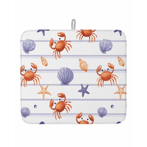 Coastal Sea Crab Shell Starfish Conch Dish Drying Mats for Kitchen Counter,Absorbent Microfiber Dish Drainer Rack Mat Ocean Life Purple Line Drying Pad for Sinks,Utensils,Countertops,16x18in