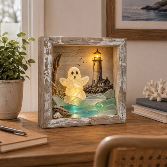 Coastal Sea Glass Lighthouse LED Light Up Shadow Box Frame, Wooden Night Lamp, Nautical Beach Tabletop Decor for Bedroom Living Room, Ocean Lover Holiday Gift - (A)