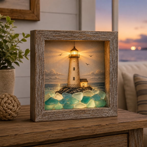 Coastal Sea Glass Lighthouse LED Light Up Shadow Box Frame, Wooden Night Lamp, Nautical Beach Tabletop Decor for Bedroom Living Room, Ocean Lover Holiday Gift - (B)