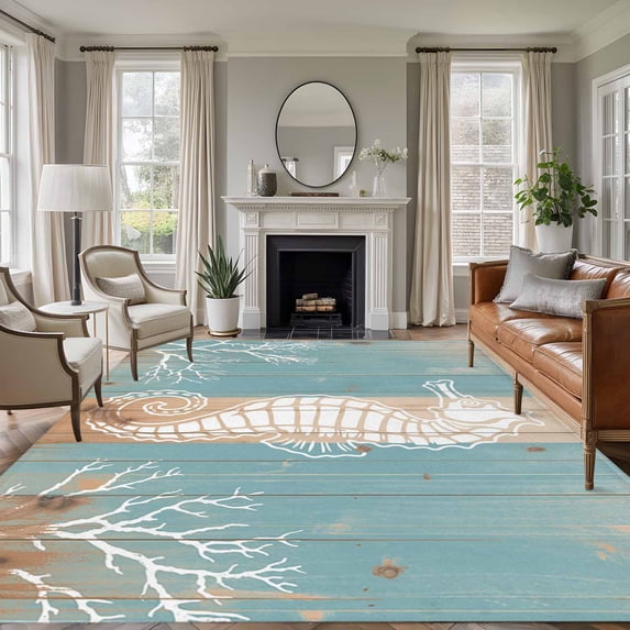 Coastal Sea Horse Area Rugs 8'x10', Washable Small Throw Rugs for Living Room Patio, Summer Coral Ocean Vintage Wood Indoor Outdoor Rug Non-Slip Low Pile Carpet Runner Reversible Floor Mats