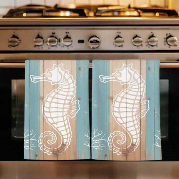 Coastal Sea Horse Kitchen Towels Set of 2, Summer Coral Ocean Vintage Wood Absorbent Dish Towels for Kitchen, Microfiber Hand Towel, Quick Drying Tea Towel for Cleaning Decorative Dishcloths