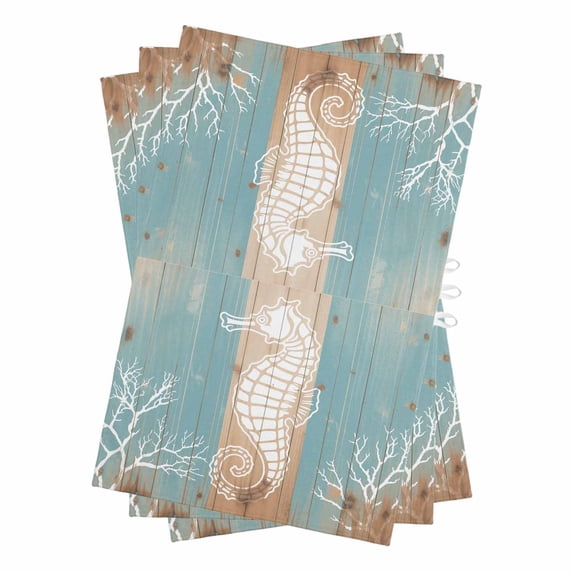 Coastal Sea Horse Kitchen Towels Set of 3, Water Absorbent Dish Towel, Summer Coral Ocean Vintage Wood Decorative Hand Towels - Quick Drying Cloth for Cooking Baking, 18x28 Inch