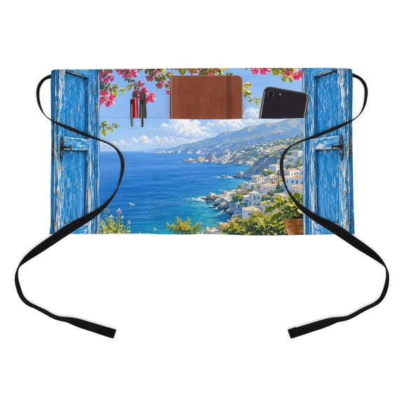 Coastal Sea Kitchen Restaurant Half Waist Apron, Blue Window Serene Bougainvillea Vine Beach House Server Short Apron with 3 Pockets Waterproof Oil Waist Aprons for Women Waitress Waiter