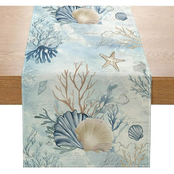 Coastal Sea Shell Starfish Table Runner 13x72 Inch Summer Ocean Beach Kitchen Dinning Table Decoration for Indoor Outdoor Home Party Décor