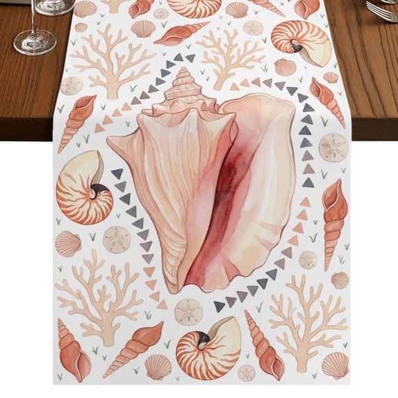 Coastal Sea Shells Burlap Cotton Table Runner 13x60 Inches Long, Beachy ...