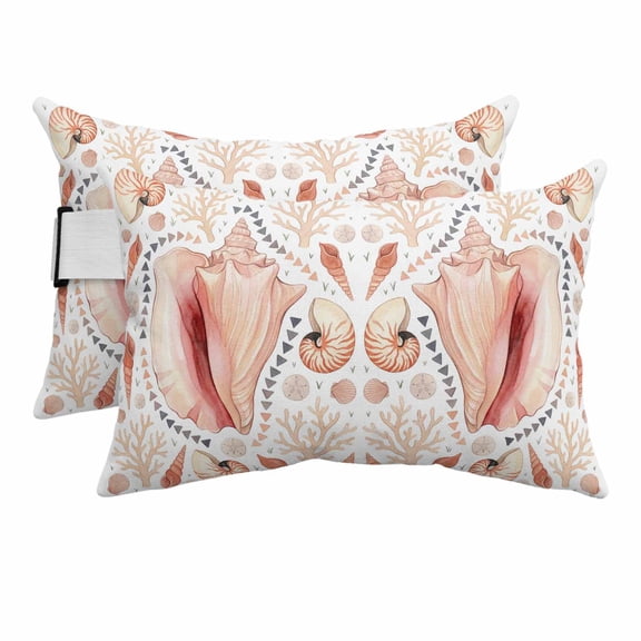 Coastal Sea Shells Outdoor Pillows for Chaise Lounge Chair Beach Headrest Pillow Set of 2 Waterproof Lumbar Pillows with Insert&Adjustable Strap Beachy Shell Coral Pink Cream Pool Pillow 12"x20"