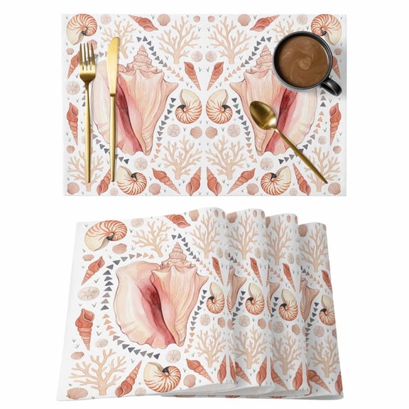 Coastal Sea Shells Placemats Set of 4 Beachy Shell Coral Pink Cream Place Mats Indoor Wipeable Table Mats Washable Cloth Dining Table Placemats for Kitchen Holiday Party Home Decor 13x19 Inch