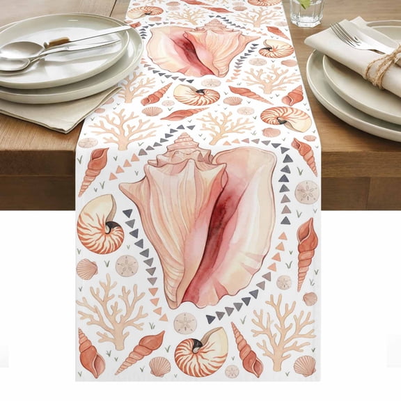 Coastal Sea Shells Table Runner Beachy Shell Coral Pink Cream Tablerunners 13 x 36 Inch, Table Decorations Tabletop Scarf for Summer Gathering Holiday Farmhouse Kitchen Dining Decor