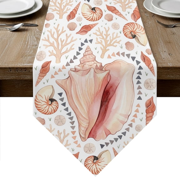 Coastal Sea Shells Table Runner Linen Burlap Table Runner 36 Inches Small Beachy Shell Coral Pink Cream Dresser Scarves for Kitchen Island Coffee Dining Room Party Wedding Holiday Decoration 13"x36"