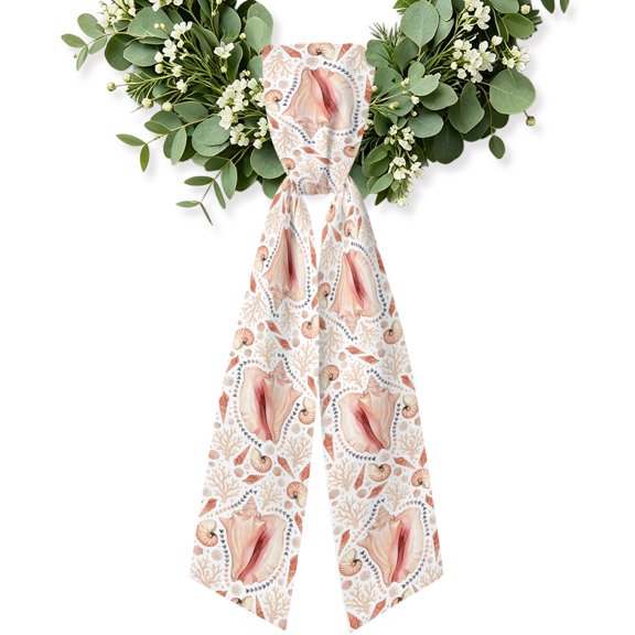 Coastal Sea Shells Wreath Sash for Front Door, Decorative Seasonal Bows Ribbons, Beachy Shell Coral Pink Cream Holiday Wreath Accessories for Home Thanksgiving Fall Christmas Decorations