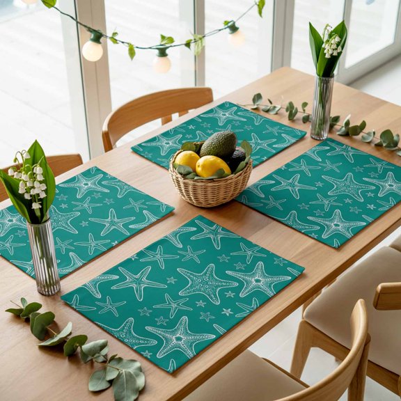 Coastal Sea Starfish Seamless Placemats Set of 4,Wipeable Washable Table Mats for Dining Tables, Ocean Creature on Cyan Place Mats for Kitchen Event Party Tabletop Decor