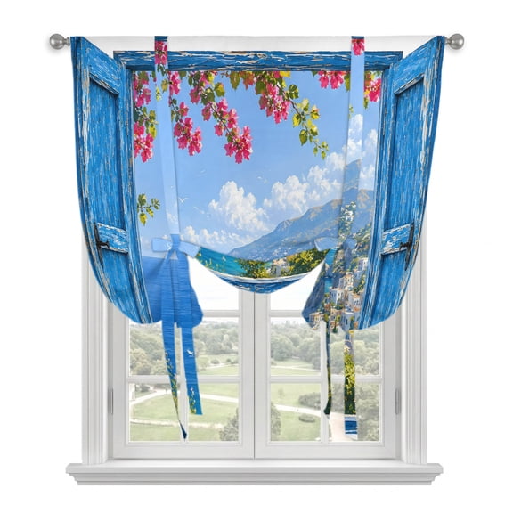 Coastal Sea Tie Up Balloon Window Curtain 46W x 63L Inch, Blue Window Serene Bougainvillea Vine Beach House Rod Pocket Adjustable Tie Up Curtains Small Kitchen Sink Curtains for Cafe Bedroom