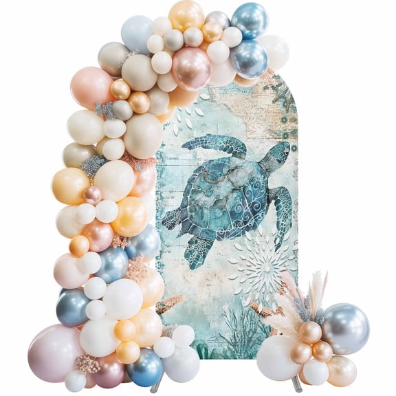 Coastal Sea Turtle Arch Backdrop Cover 5Ft, Wedding Arch Covers Stretchy Backdrop, Teal Nautical Beach Starfish Vintage Fitted 2 Sided Arched Photo Background for Birthday Party Decorations