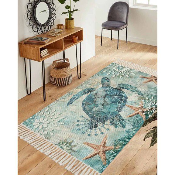 Coastal Sea Turtle Area Rug 3x5ft Woven Runner Rug,Teal Nautical Beach Starfish Vintage Washable Living Room Hallway Bedroom Kitchen Carpet with Tassels,Indoor Outdoor Throw Door Mat for Entryway